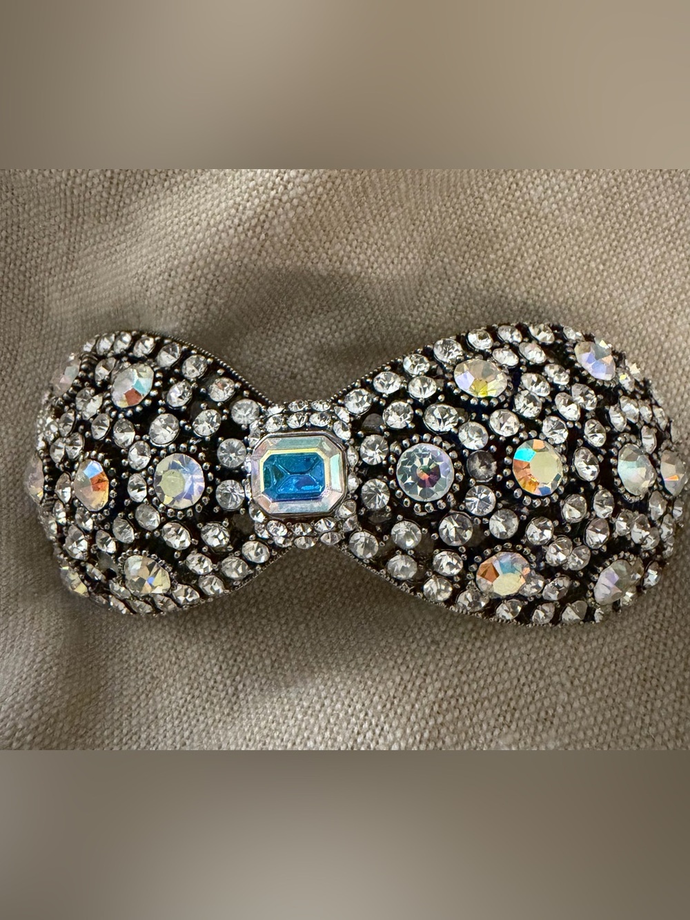 Large Rhinestone Bow Hair Barrette Clear Aurora Borealis Crystal Silver Tone
